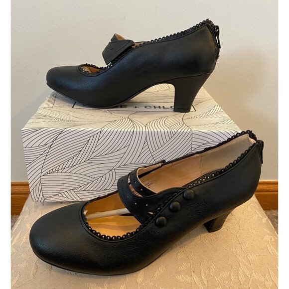 Chase + Chloe Mary Jane Heels Black Faux Leather Button Strap Size 7.5 - Picture 2 of 9